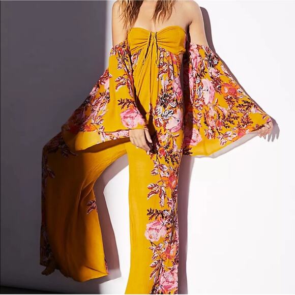 FREE PEOPLE Jumpsuit XS Falling Flowers Off Shoulder Wide Leg Boho Flowy Sleeve - Picture 1 of 15